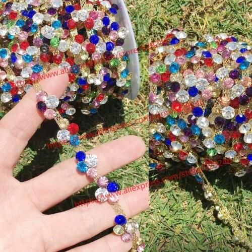 Colorful rhinestone gold chain for shoes red blue crystal trims for clothes mixed colors strass chain DIY hand crafts