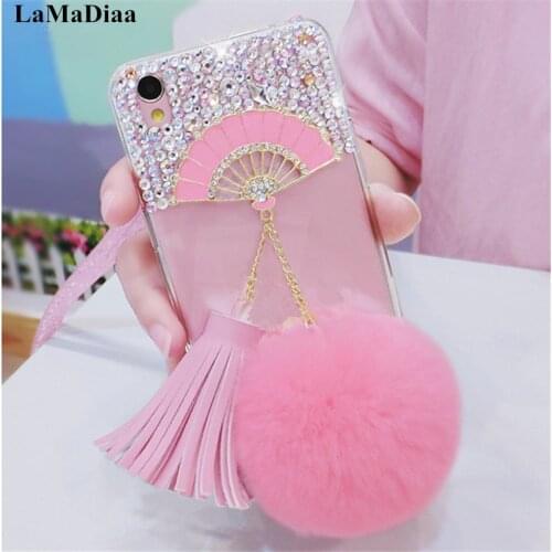 LaMaDiaa Cute Pink Fan Case For Samsung GalaxyS6 S7 S8 S9 S10 S20 S21 Plus Note5 8 9 10 20 Plus Tassel Rabbit Fur Hair Ball Case