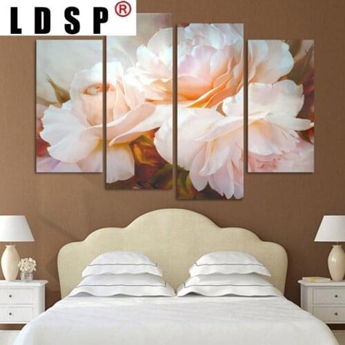 LDSP 4 Panels Flower Pink Rose Modular Wall Art HD Pictures Canvas Painting Modern Prints Posters For Living RoomHome Decor
