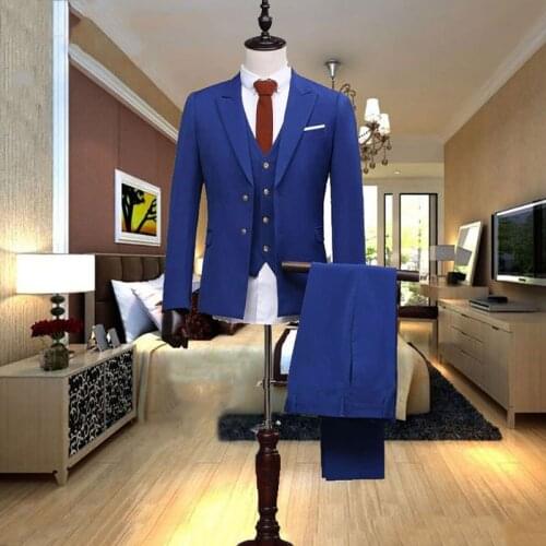 Royal Blue Men Suits 2019 Wedding Groom Tuxedos Peaked Lapel Custom Made Best Man Blazers 3Piece Jacket Pants Vest Costume Homme