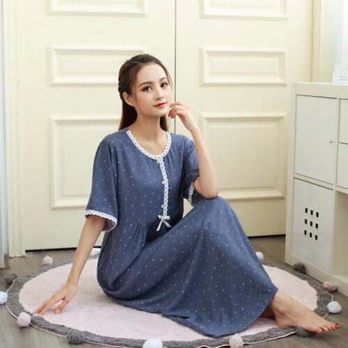 Summer New Womens Lace Trim Nightdress Short Sleeve Cotton Lengthened Korean Semi Open Button Loose Princess Nightgown Pajamas