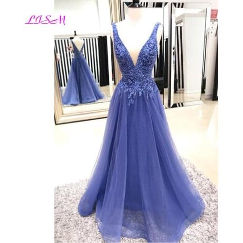 Tulle V-Neck A-Line Evening Dress with Appliques Sexy V-Back Sleeveless Long Prom Party Dresses