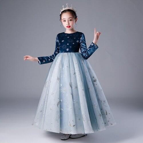 Luxury Blue Flower Girl Dresses Illusion Full O-Neck Princess Lace Sequined Ball Gown Floor-Length Tulle Kids Party Dress H007