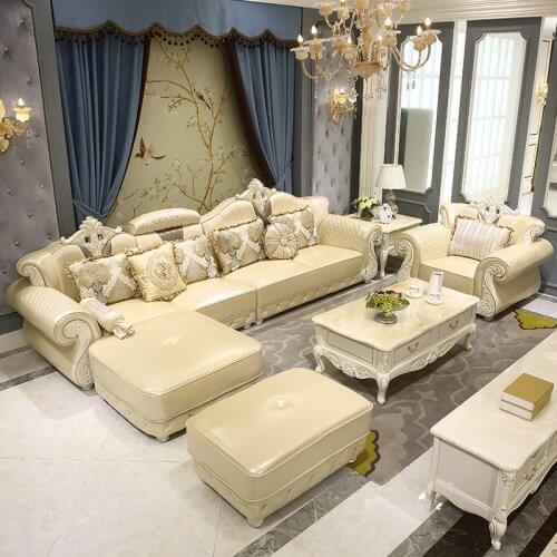 Style leather sofa, corner living room combination, simple European solid wood carving, large and small house type