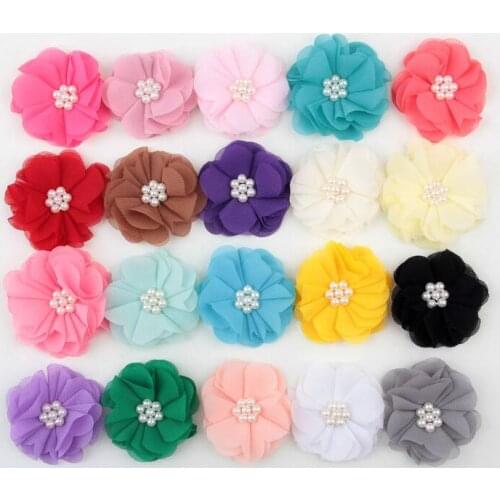20pcs/lot Pearl Beaded Fabric Chiffon Flower No Clip Lovely Hair Accessories for Hairband Hairpin