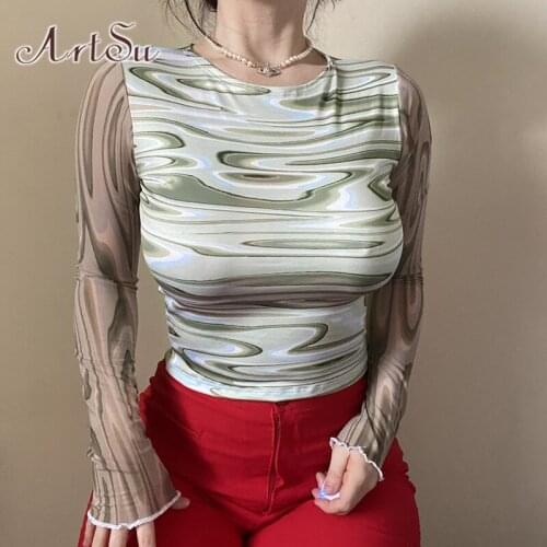ArtSu Green Mesh Top Y2K Clothes Gothic Long Sleeve Shirt Graphic Tees Tie Dye Harajuku Black Tops Women 2021 T-shirt Femme