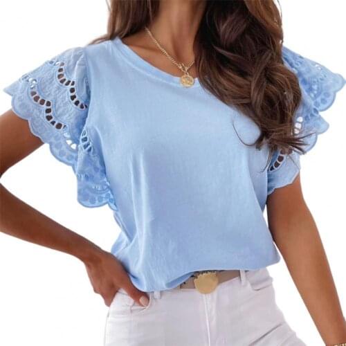 Summer Women T-shirt Top Lotus Sleeve Lace Crew Neck Women Loose T-Shirt Elegant Summer Streetwear vetement femme