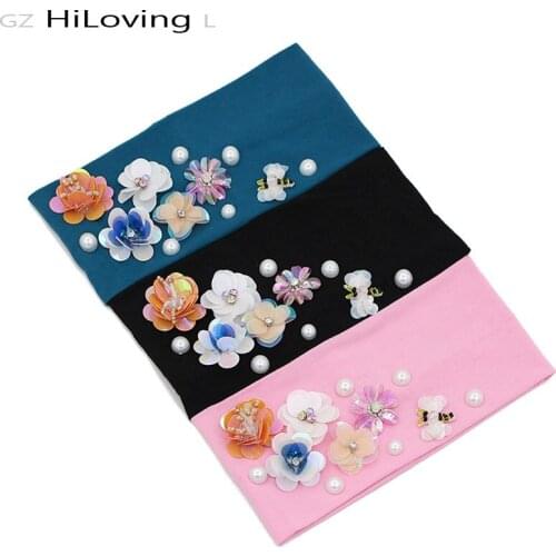 GZHilovingL Women Flower Pearl Headbands Spring Summer Soft Cotton Headband For Women Ladies Wide Headband Hair Band Accessories
