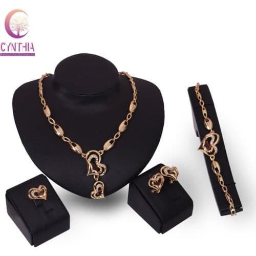 Women Wedding Jewelry Sets For Party gold color Crystal Heart Bridal African Beads Necklace Bracelet Earrings Rings Set