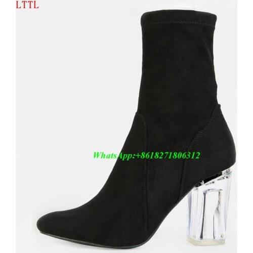 Bottes Femmes Faux Suede Crystal Heel Booties Black Clear Perspex Chunky Heels Ankle Boots Fashion Zip Pointed Toe Womens Boots