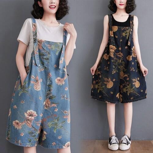 Casual Summer Sweet Floral Romper Shorts Jeans Female Loose Plus Size Wide Leg Short Jumpsuit Women Denim Baggy Bib Playsuits