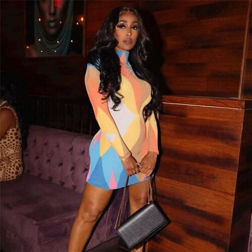 Cutubly Turtleneck Bodycon Dress Patchwork Color Print Sexy Dresses For Women Party Club Slim Long Sleeve Dresses Girl Autumn