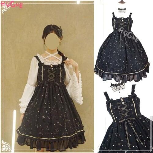 Girls Gothic Black chiffon starry night sky Gold print JSK women princess sweet Japanese summer Lolita fashion Dresses