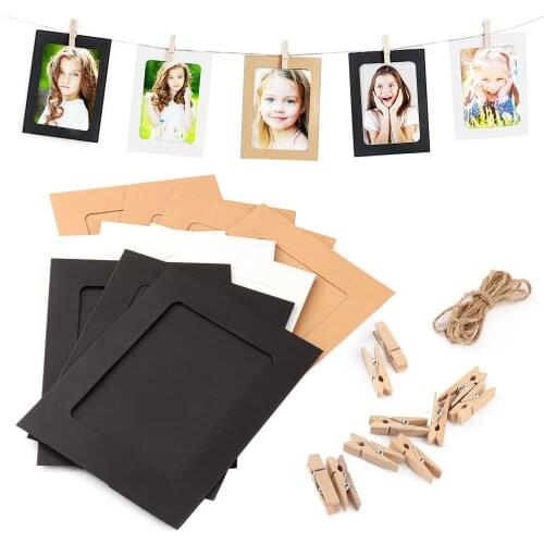 10pcs Paper Photo Frame Picture Display Holder Frames with Wooden Clip and Rope for 6 inch Photo DIY Wall Hanging Decor