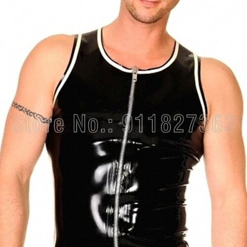 100% Handmade Latex Shirt Black w White Trim Sleeveless Sexy Man Sport Top T-shirt w Front Zipper
