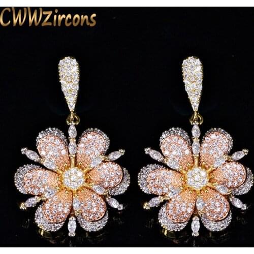 CWWZircons 3 Tones Rose And Yellow Gold Color Jewelry Fashion Micro Pave Cubic Zirconia Flower Drop Earrings for Women CZ356