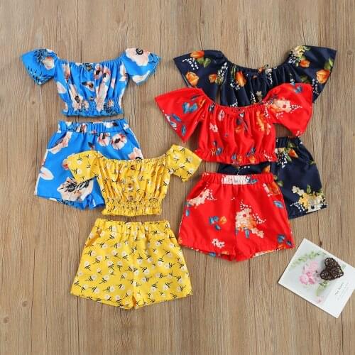 Children Girls Summer Floral Print Clothes Set Boho Style Kids Girls Short Sleeve Off-shoulder Tops + Elastic Waist Short Pants
