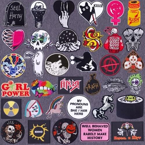 Feminist Punk Horror Skeleton Patches on Cloth Embroidered Patch for Jacket Skull Lips Band Rock Clothing Thermoadhesive Patches