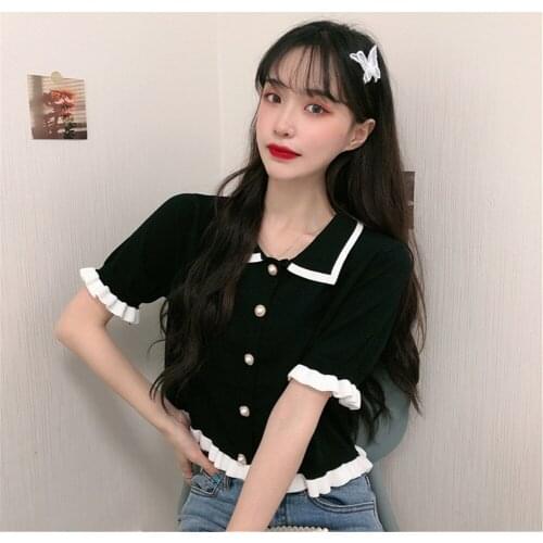 Ruffles Knit Cardigan Shirt Women Single-breasted Patched Ruffles Elastic Crop Sweater Summer Tops Female Cardigans ZY5039