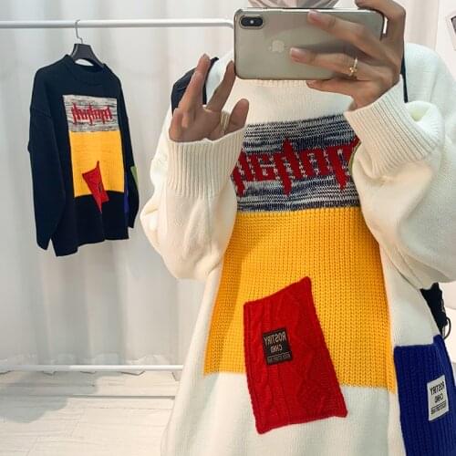 White/Black Autumn New Fashion Sweaters Mens Top Quality Contrast Color Patch Patchwork Winter Pullover Knitted Oversized 2XL