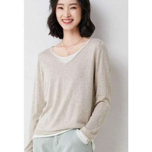 21New Fashion Sheep Coat Wild V-Neck Fake Two-Piece Pullover Womens Short Wool Base Loose Sweater 60113