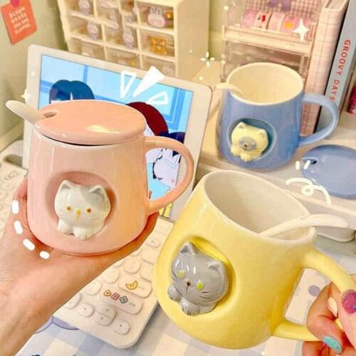 New Kawaii 3D Cat Mugs Cartoon Cute Ceramic Coffee Cups With Lid Spoon Office Home Breakfast Girl Drinks Milk Tea Water Cup Gift