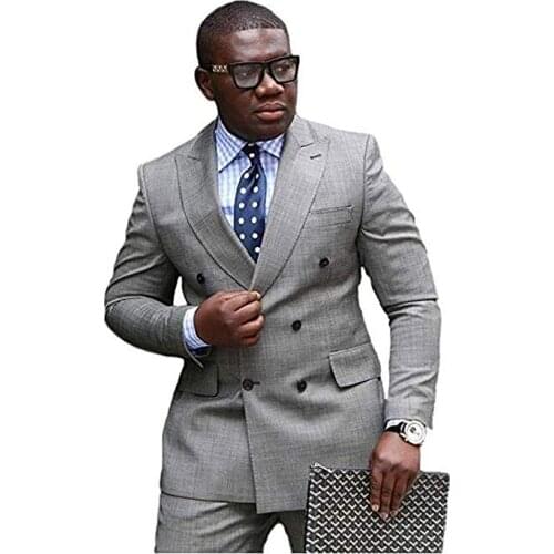 New Fashion Grey Double Breasted Wedding Suits for Men 2 Pieces Men Suits Groom Tuxedos (Jacket+Pants)