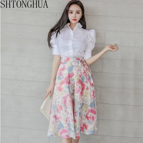 New Women Elegant Set 2020 Summer Turn Down Collar Puff Sleeve Shirt Tops + High Waist Floral Print Bow A-Line Skirt 2 piece Set