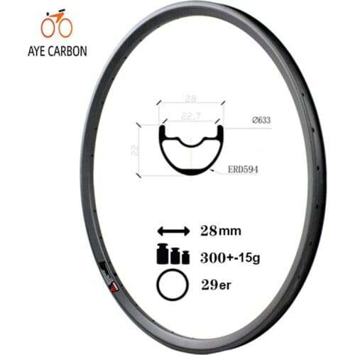 Super light 300g tubeless ready and hookless 29inch MTB carbon fiber rims 28mm wide 22mm deep carbon mountain bike rim for XC
