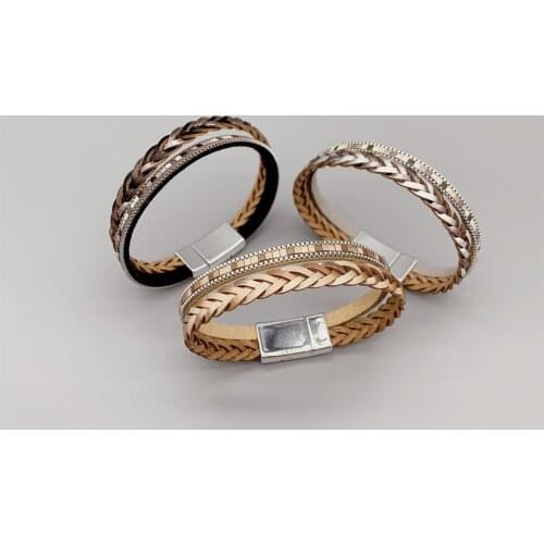 FoLisaUnique Braid Black Gray Beige Colors Woven Leather Bracelet For Women Girls Magnetic Clasp 19cm Casual Jewelry