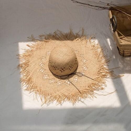 Natural Big Wide-brimmed Raffia Straw Hat Woven Round Fringed Beach Hat Summer Hollow Straw Hat