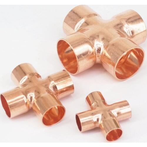 Inner Diameter 6.35/15/16/22/28/35/42/54mm Pure Copper End Feed Cross 4 Ways Welding Pipe Connector Air Conditioner Water Heater