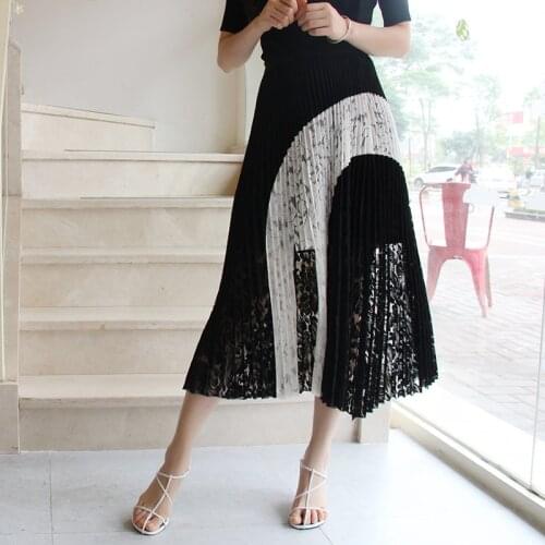 Women Lace Skirt Summer Casual Stretch Irregular Pleated Mid-calf Black A Line Skirt Fashion Tide Ladies Skirts