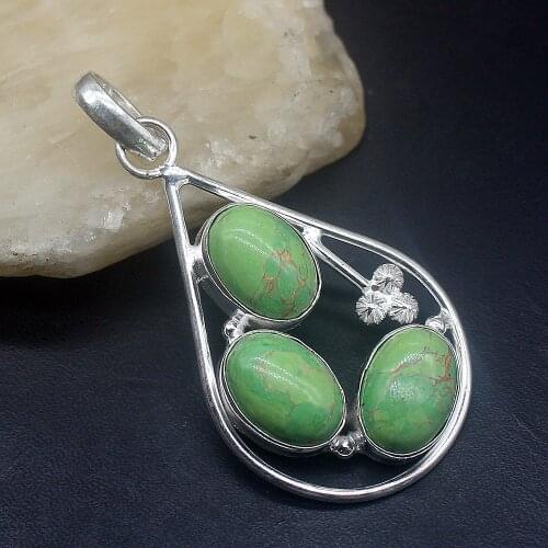Hermosa Jewelry Natural Multi Stone Green Turquoise Silver Color Charm Fashion Necklace Pendant for Women Gifts 56mm FQ41