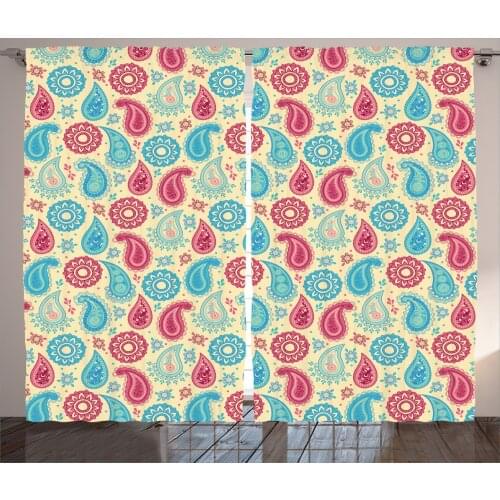 Hippie Paisley Curtains Pink and Blue Ornaments Print Satin Fabric Drapes for Living Room Bedroom 2 Panel Window Set