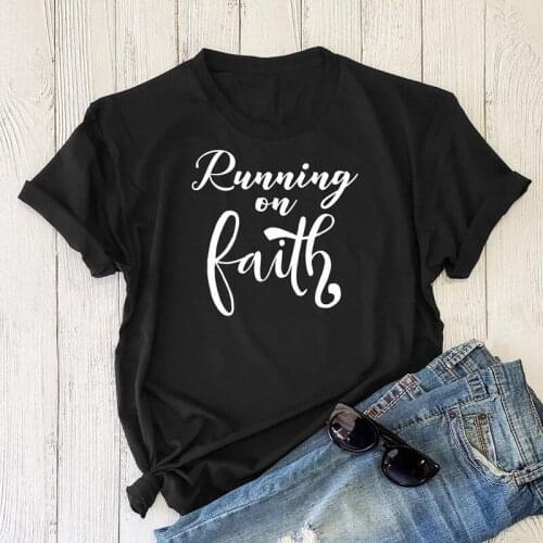 Running On Faith 100% Cotton T-shirt Womens Christian Jesus Tees Tops Casual Unisex Short Sleeve Have Faith Tshirt Dropshipping