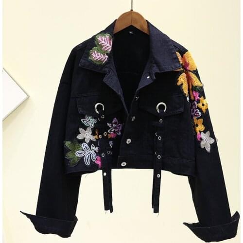 2021 Autumn Denim Jacket Embroidery Short Streetwear Clothes Fashion Cropped Jean Jackets Women Sequins Clothing Coats Vetement