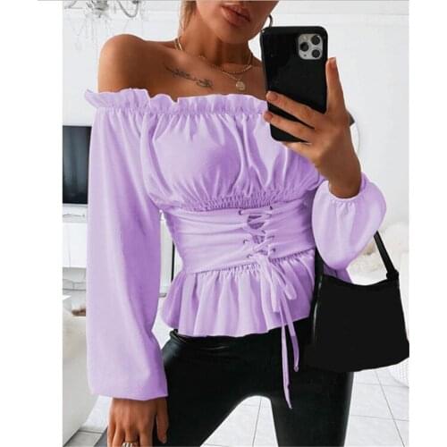 Women Sexy Shirt Spring Summer Casual Lace Up Long Sleeve Solid Color Ruffled Hem Club Wear Off Shoulder Slash Neck Tops Blouse