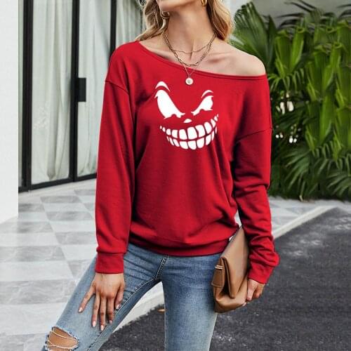 Harajuku Woman Tshirts Women Halloween grimace Top Long Sleeve Slash neck Sweatshirt Pullover T-Shirt Camiseta Manga Larga Mujer