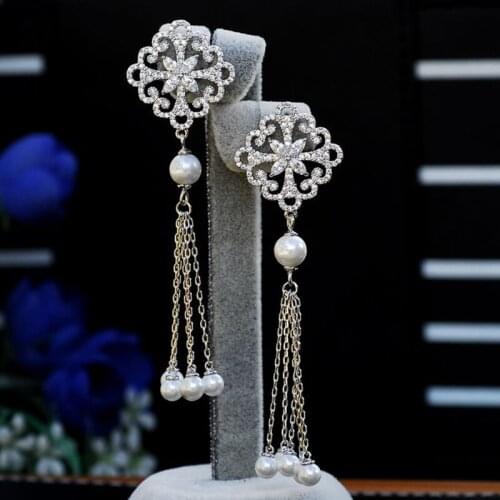 S925 Sterling Silver Studs New Fashion Hollow Flower Pearl and CZ Tassel Chain Pendant Silver Earrings Wedding Women Jewelry