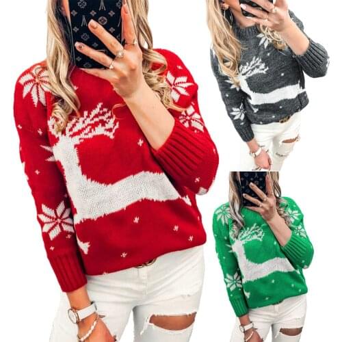 Christmas Sweaters Pullovers Women Deer Snowflakes Print Cotton Acrylic Jumpers Plus Size Long Sleeve Winter Xmas Clothes