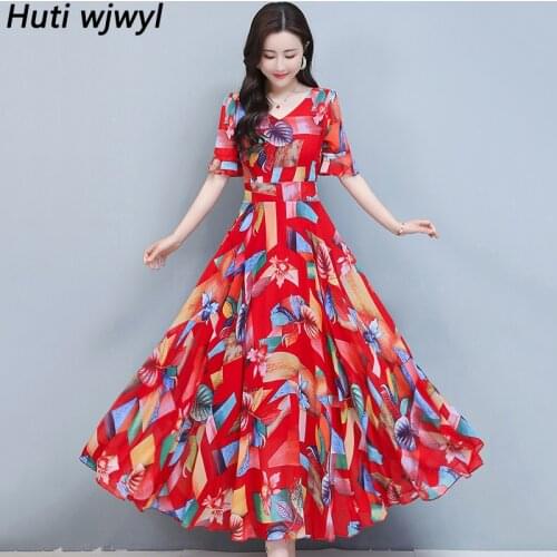 Spring Summer Boho Chiffon Beach Vacation Long Sundress Women Bodycon Elegant Party Vestido 2021 Vintage Print Casual Maxi Dress