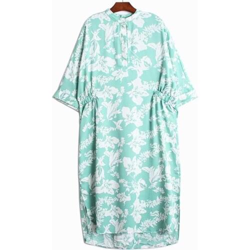 Women Printed Pleated Back Bigsize Long Dress New Stand Neck Half Sleeve Loose Fit Fashion Spring Summer 2021 Z662