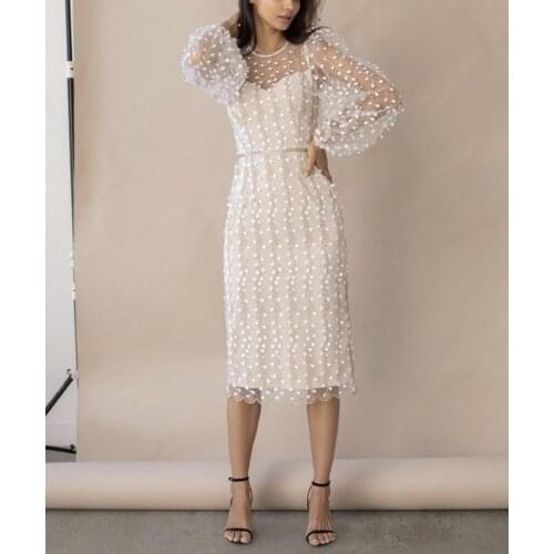 New Women Sheath Dress Mid Women Long Sleeves Party Dress Elegant White Fairy Crew Neck Sheer Mesh Stunning Charming Lace Girls