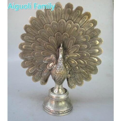 Antique antiques Collectible Decorated Old Handwork Tibet Silver Carved Big Peacock Statue/Bird Sculpture