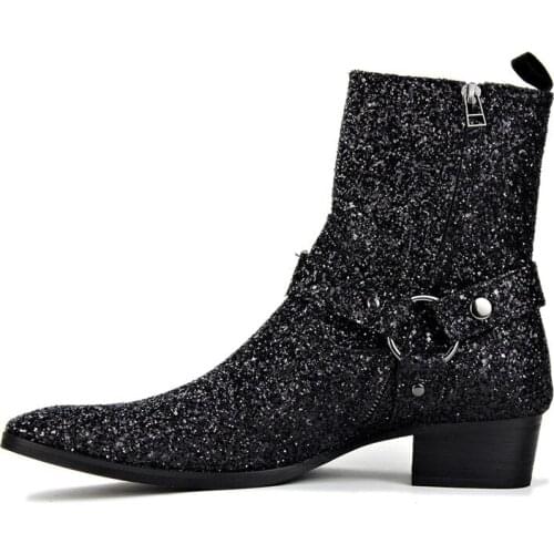 New 2020 Sequins Leather catwalk Fashion wedding Dress Men Boots Handmade Qualtiy wedge Chelsea booties