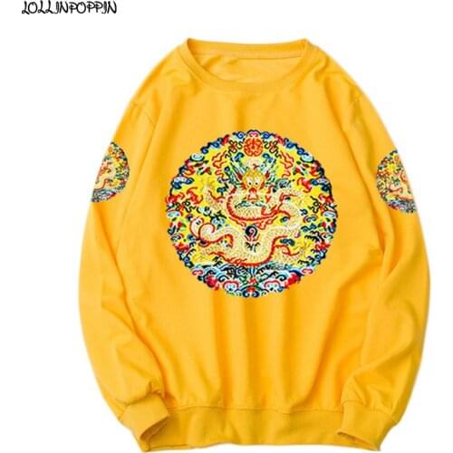 Chinese Imperial Style Dragon Embroidery Men Crewneck Sweatshirts Fleece Inside 2020 Autumn Winter Long Sleeve Pullovers Retro
