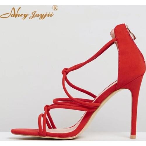 Women Shoes Ladies Sandals Red Flock Solid Ankle Strap Zipper Wedding/Party Super High Thin Heels Elegant Mature Cover 2019