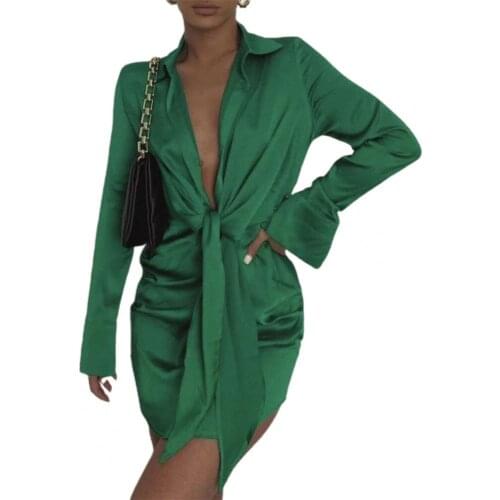Solid Color Deep V Women Mini Dress Summer Long Sleeves Women Irregularity Pleated Vocation Style Sexy Loose Green Shirtdress