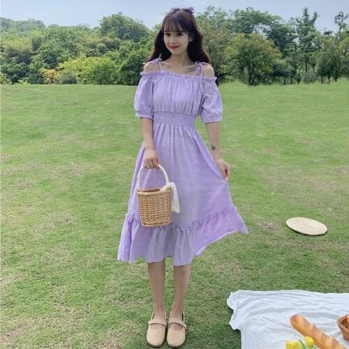 Korean Version of the New Summer Wild Neck Dress Female Western Style Strapless White High-Waist Thin Strap Medium-Length Dress